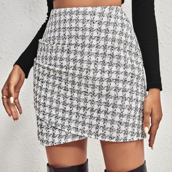 Black & White Preppy Womens Plaid Pattern Tweed Bodycon Skirt - Picture 5 of 5